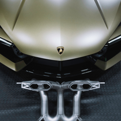 lose-up of 100% titanium RYFT exhaust system on Lamborghini Revuelto at TR3 Performance