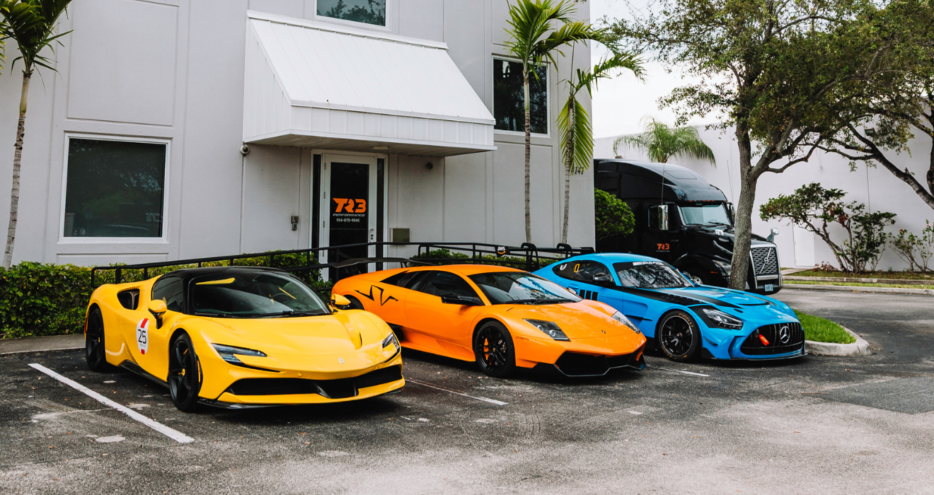 Ferrari SF90, Lamborghini Murcielago SV, Mercedes AMG GT2 Racecar at TR3 Performance in Fort Lauderdale, FL.